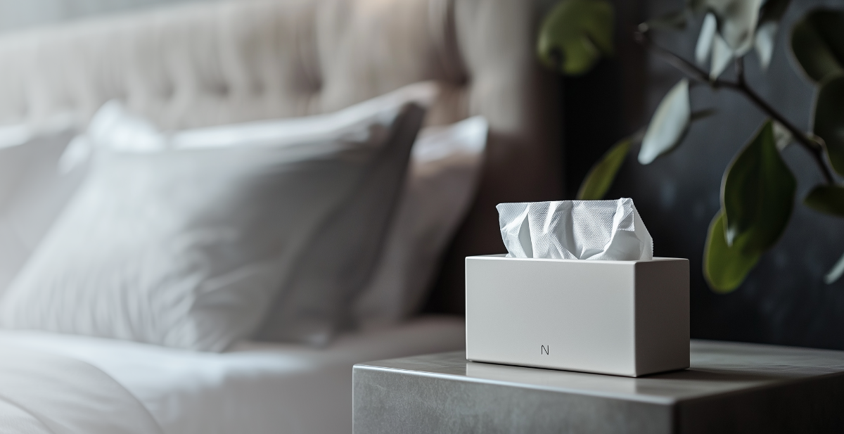 Assortment of compact On The Go hygiene products, including a tissue box and small hand sanitiser bottle, for personal and staff use.